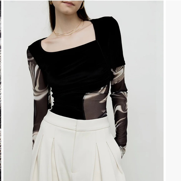 Commense Black Velvet with Mesh Gray/Tan Swirls Top (Mesh Cutout and Sleeves) - Picture 5 of 10